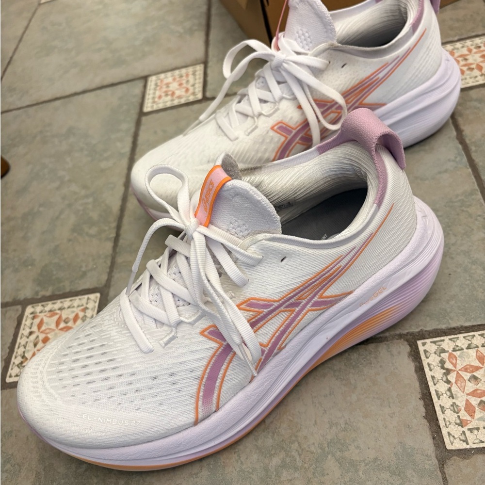 ASICS Gel - Nimbus 27 White/Light Ube Running Shoes with Pink & Peach Accents